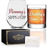 Perfectinsoy Mommy Daddy Sippy Cup Funny Wine Glass Set of 2, Wine Glass Gift for First Parents, Wedding Anniversary Thanksgiving Birthday Gift for Parents Mom Dad - Pregnancy Announcement Party Gifts