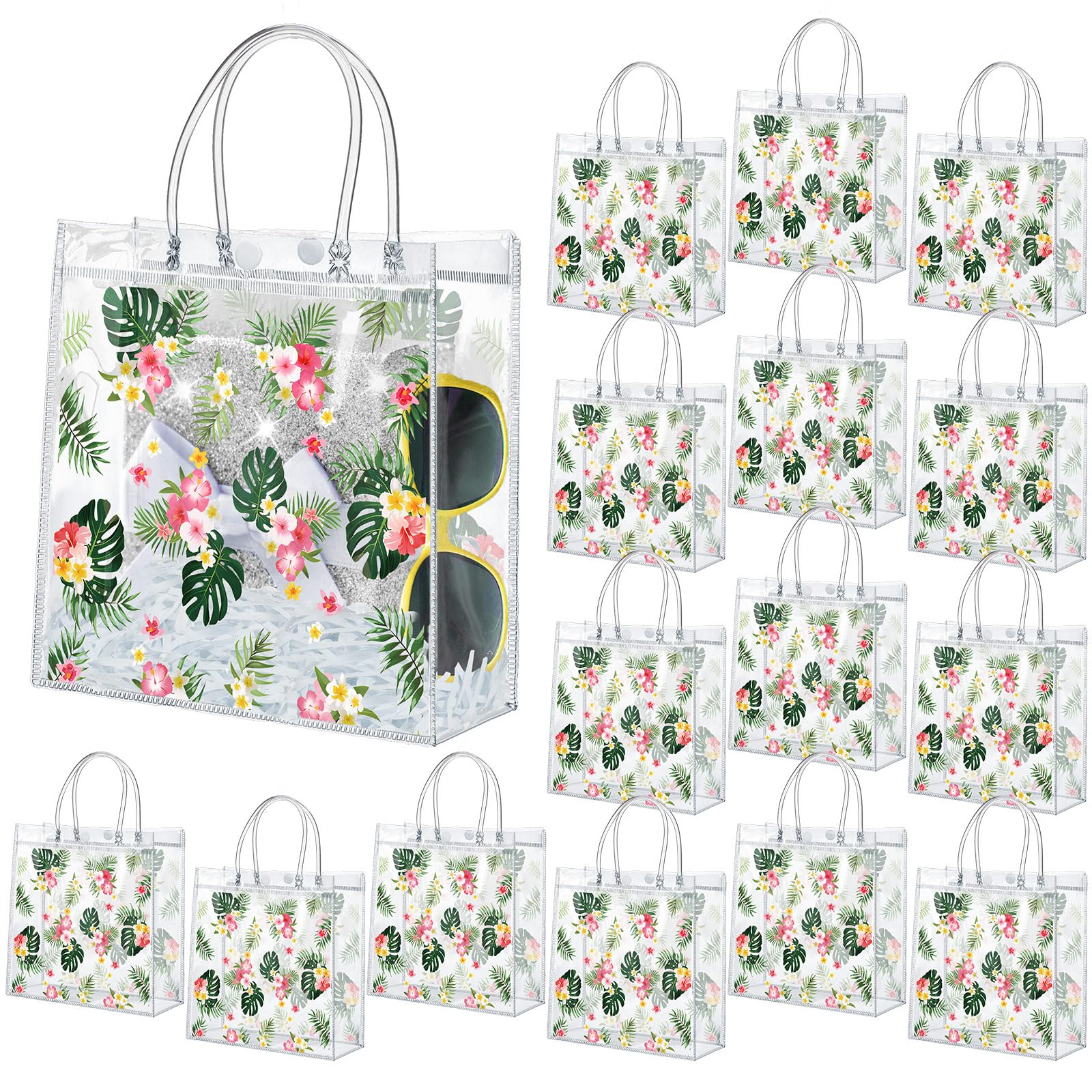 Photo 1 of (ONLY 18) Engrowtic 24 Pcs Hawaiian Clear Gift Bags with Handle Plastic PVC Summer Luau Jungle Goodie Favor Tote Bags for Tropical Aloha Palm Leaves Theme Party Birthday Present Giving, 8 x 8 x 3.15''