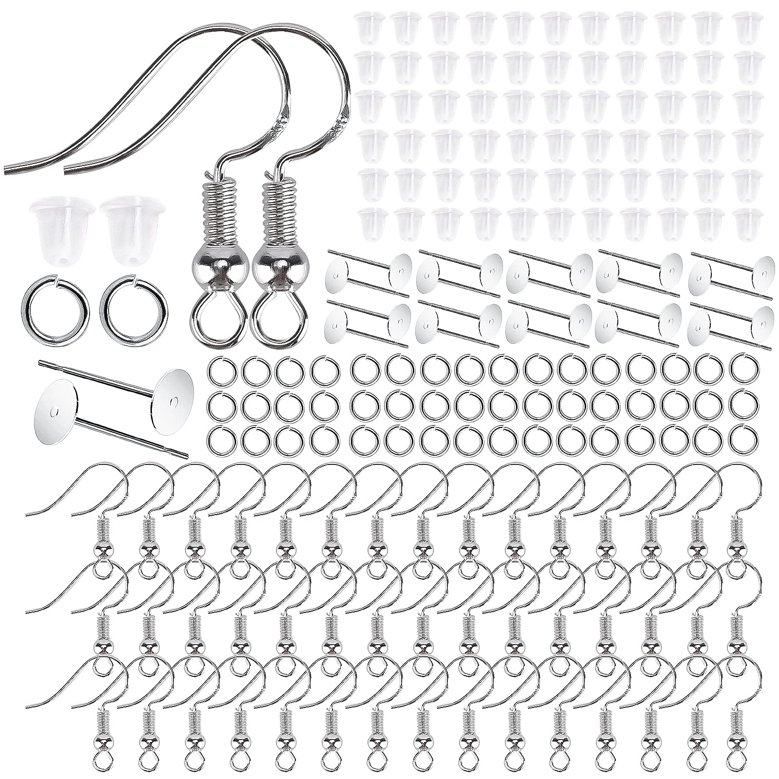 AIEX 350 Pcs Earrings Making Supplies Kit 925 Silver Hypoallergenic Plated Fish Hooks Earring with Clear Earring Safety Backs Posts and Open Jump Rings (Silver)