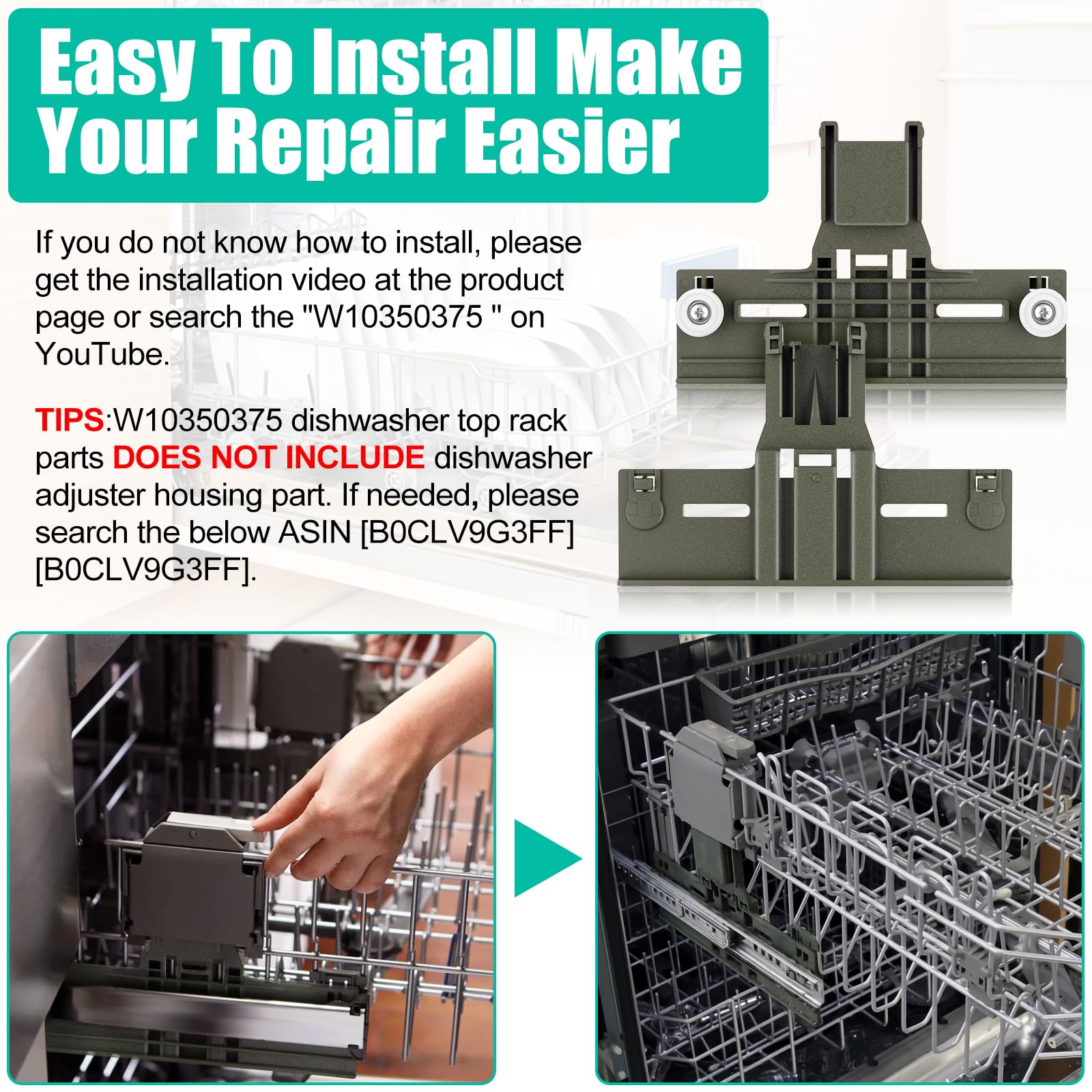 UPGRADED W10350375 Dishwasher Top Rack Adjuster Parts Replacement for Whirlpool Dishwasher Parts WDT730PAHZ0 WDT750SAHZ0 WDTA50SAHZ0 WDT970SAHZ0 Upper Rack Parts,Fits Kenmore Dishwasher Top Rack Parts