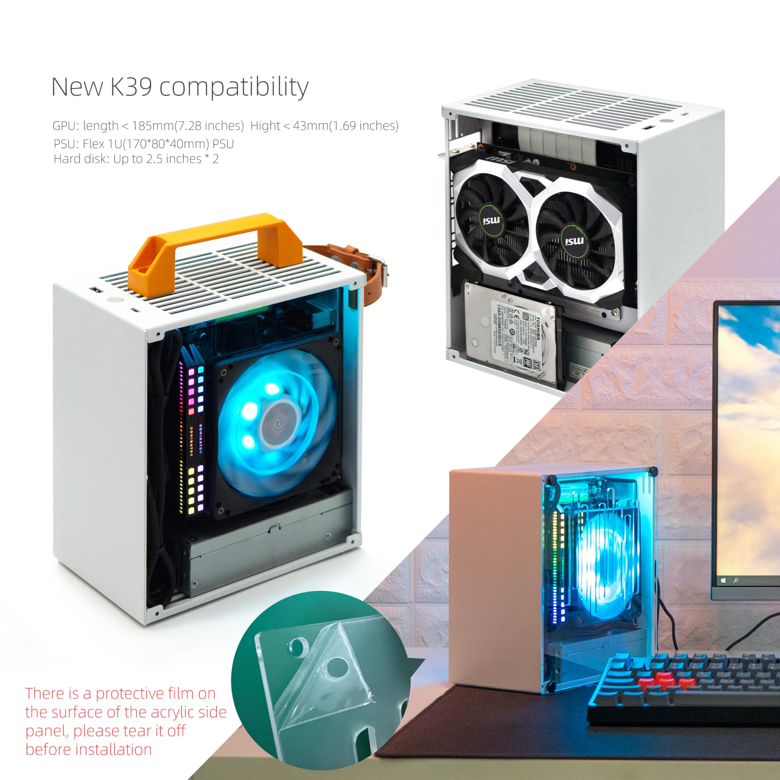 Itx Mini Case - K39 (Steel),1U Power Supply,Front I/O USB & Type-C Port,2 Handle can be Installed,Vented Panel - 2 Steel & 1 Acrylic Side Panels / 5L SFF Case