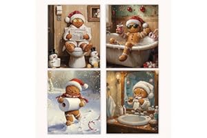 Poecinvi Funny Christmas Gingerbread Man Bathroom Wall Art Prints Set of 4, Funny Christmas Bathroom Decor, Gingerbread Man Posters Pictures Wall Decor for Bath Room Washroom, 8x10 Unframed
