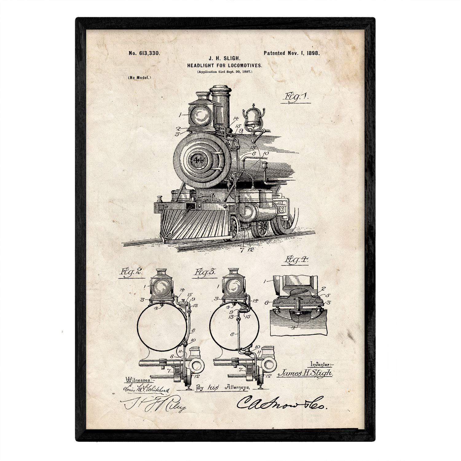 Nacnic Poster patent lamp for locomotives. Sheet with old design patent in A3 size and vintage background