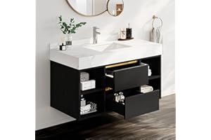 DWVO 40 Inch Black Floating Vanity Bathroom with White Sintered Stone, Wall Mounted Vanity with Ceramic Sink Included 2 Drawers and Shelves, Soft-Close Design