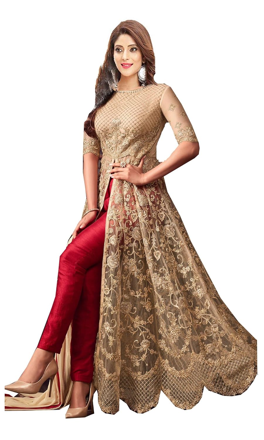 mordenfab women's net dress material (m5601-red_cream_free size)