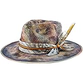RUEDIGER Wide Brim Fedora Hats for Men Women 100% Wool Felt Panama Rancher Hat with Lightning Logo Distressed/Burned Handmade