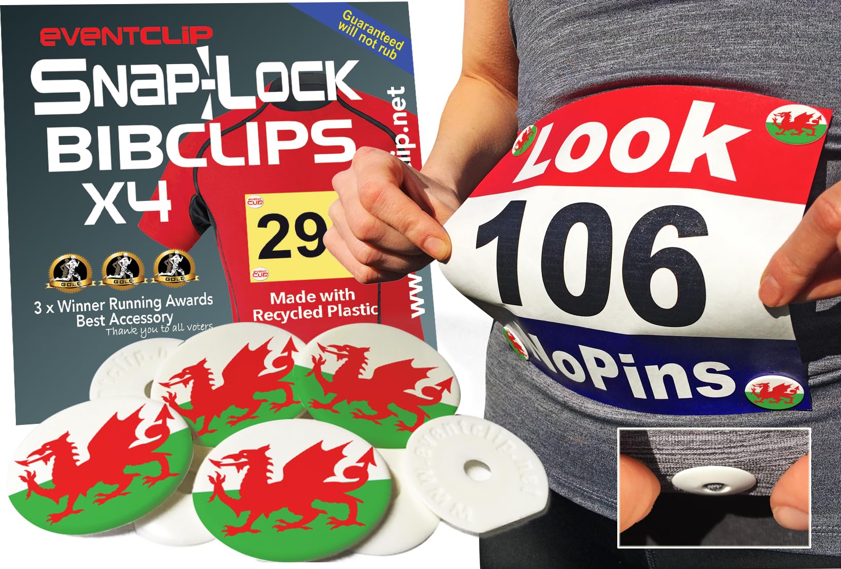 EventClip Race BibClips X 4 WELSH FLAG. Proven Snap-Lock for Securing Running and Cycling Numbers. Made in the UK with Recycled Plastic Since 2009 Far better than Magnets. Fed up with Safety Pins?