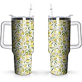 BOOWEATS 40 OZ Lemon Tumbler with Handle and Straw Lid Leak Proof - Stainless Steel Lemon Cups Gifts Mothers Day, Insulated Lemons Mugs Keeps Drinks Hot Cold Ice - Birthday Gift for Women Girls
