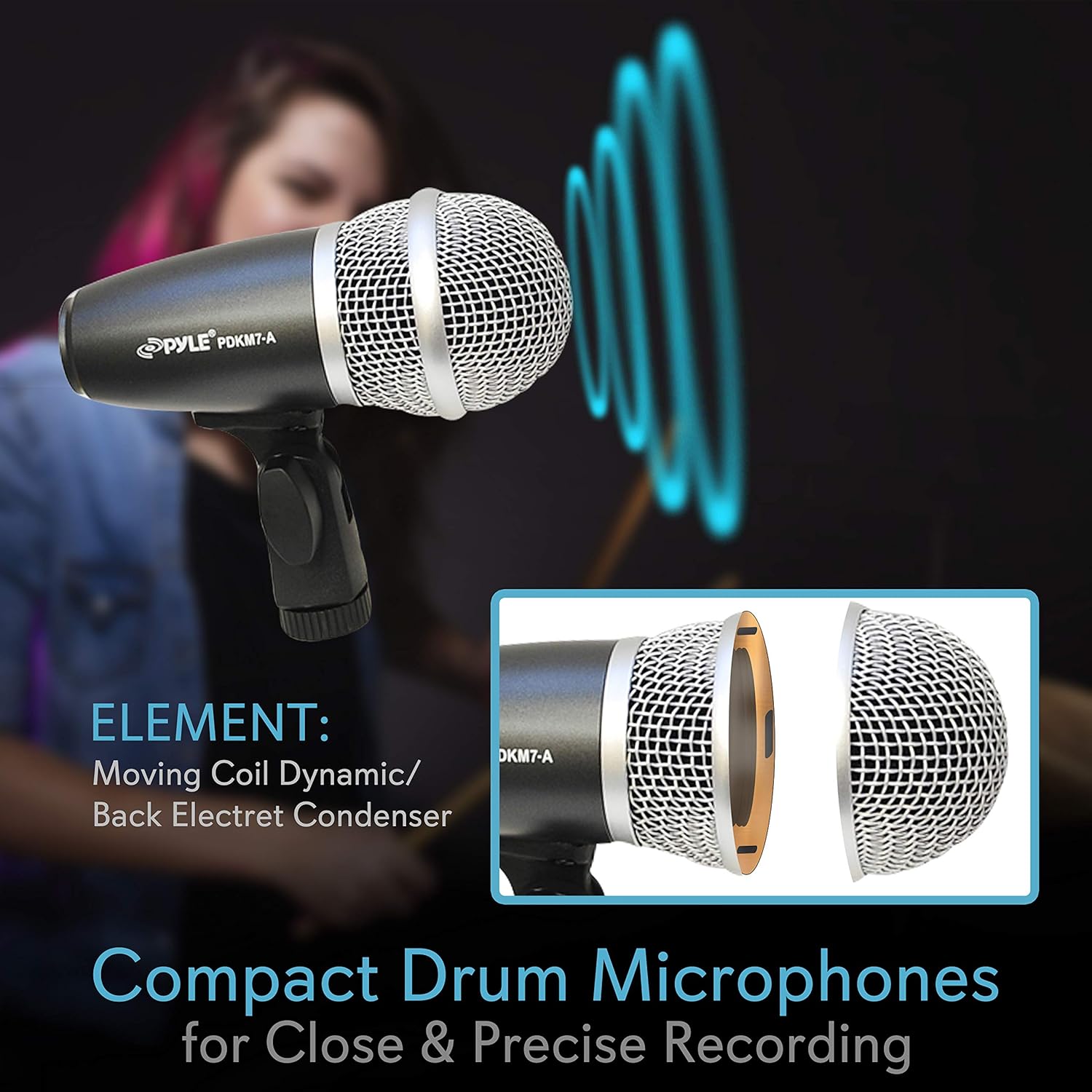 PYLE-PRO Pyle 7-Piece Wired Dynamic Kit-Kick Bass, Tom/Snare & Cymbals Microphone Set-for Drums, Vocal, Other Instrument-Complete with Thread Clip, Inserts, Mics Holder & Case-PDKM7: Musical Instruments