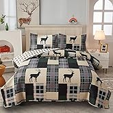 CHESITY Lodge Bedspread King Size, Rustic Cabin Quilt Set Deer Printed Bedspreads Coverlet Reversible Lightweight Quilt Set Dark Green Beige Plaid Patchwork Country Decor Bedcover(96"x 108")
