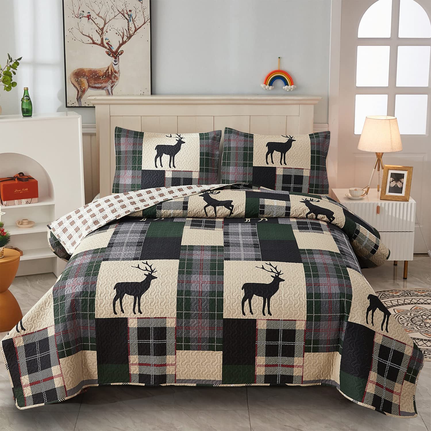 Photo 1 of CHESITY Lodge Quilt Set Full/Queen Size, Rustic Cabin Bedding Set Black Deer Bedspreads Coverlet Reversible Animal Printed Bedcover Wildlife Dark Green Beige Plaid Bed Cover Country Decor(90"x 90")