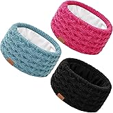 Tikeiuo Winter Headbands for Women Ear Warmer Knitted Thick Fleece Lined Headbands for Cold Weather Gift (Rose Pink+Blue+Black, One Size)