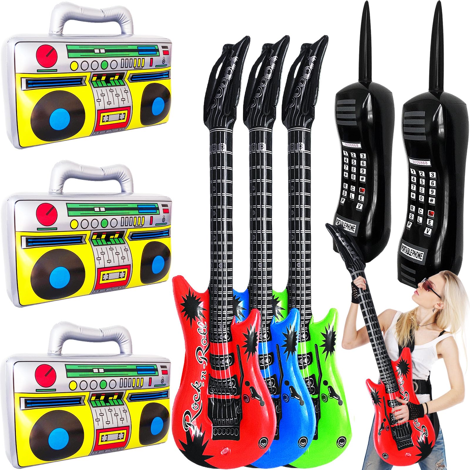 Photo 1 of 8 Pcs Inflatable Radio Boombox Retro Inflatable Mobile Phone Rock Inflatable Guitar Toy Set,Blow up Props for 80s 90s Party Decorations,Hip Hop Theme Birthday Party Supplies