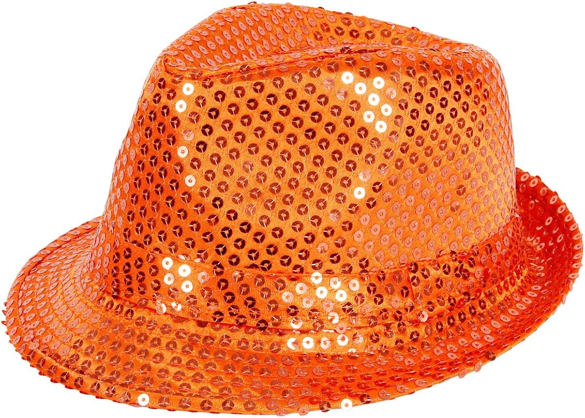 Sequined Trilby Hat Orange Glitter Sparkling One Size Adults