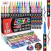 Acrylic Paint Markers Brush Tip 120 Colors, Automatic Ink Control System, Premium Acrylic Paint Pens for Canvas, Rock Painting, Glass, Wood, Ceramic Surfaces, DIY Crafts (Includes Replacement Nibs)