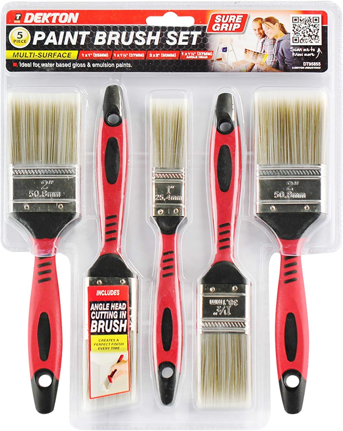 Dekton 5pc Pro Paint Brush Sure Grip Handle Multi-surface, Red/Black