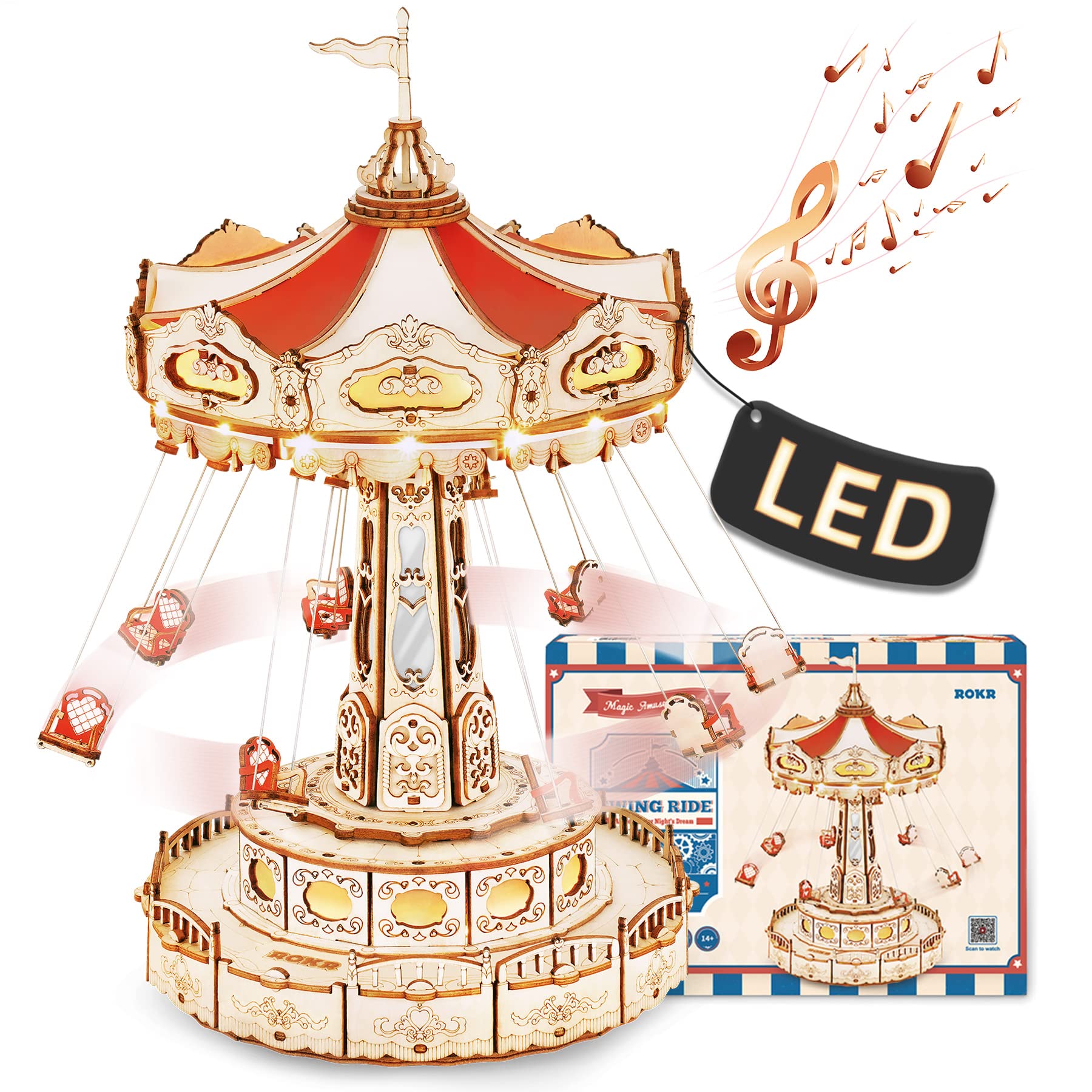 ROKR 3D Puzzles for Adults-Projects for Teens-LED Swing Ride Model Building Kit-Music Box DIY Kit-Gift for Teens and Adults
