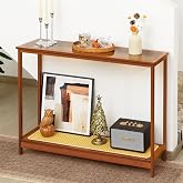 Mordchil HF Bamboo Narrow Console Table, 39.4"(L) Wood Small Entryway Table with Rattan and Glass, Accent Slim Hallway Tables, Thin Sofa Side Tables for Hallway, Living Room, Bedroom, Foyer, Walnut