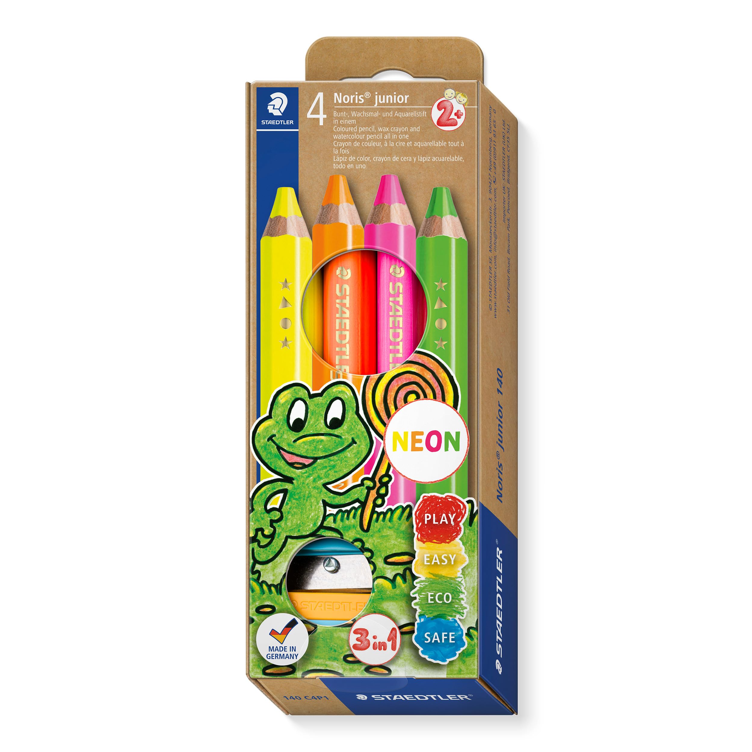 STAEDTLER 140 C4P1 Noris Junior 3-in-1 Colouring Pencils for Toddlers Aged 3+ - Assorted Neon Colours (Pack of 4 + Sharpener)