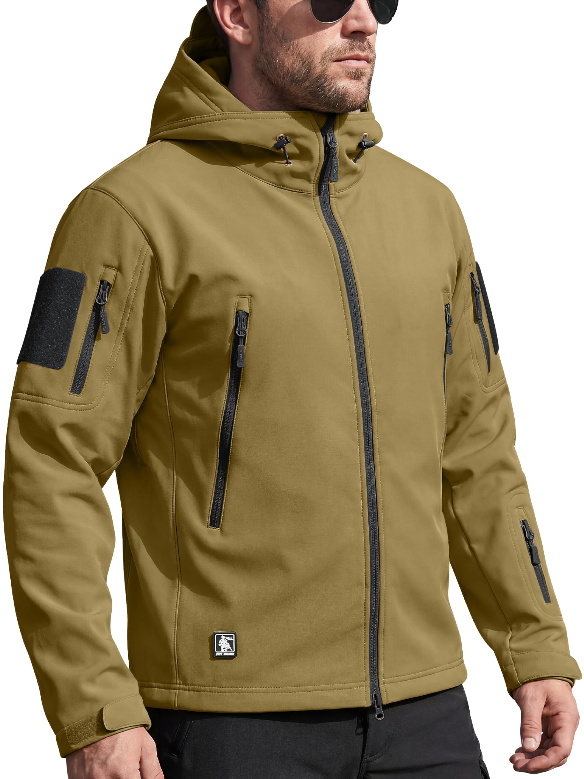 FREE SOLDIER Men's Outdoor Waterproof Soft Shell Hooded Military Tactical Rain Jacket (Olive, S) Image