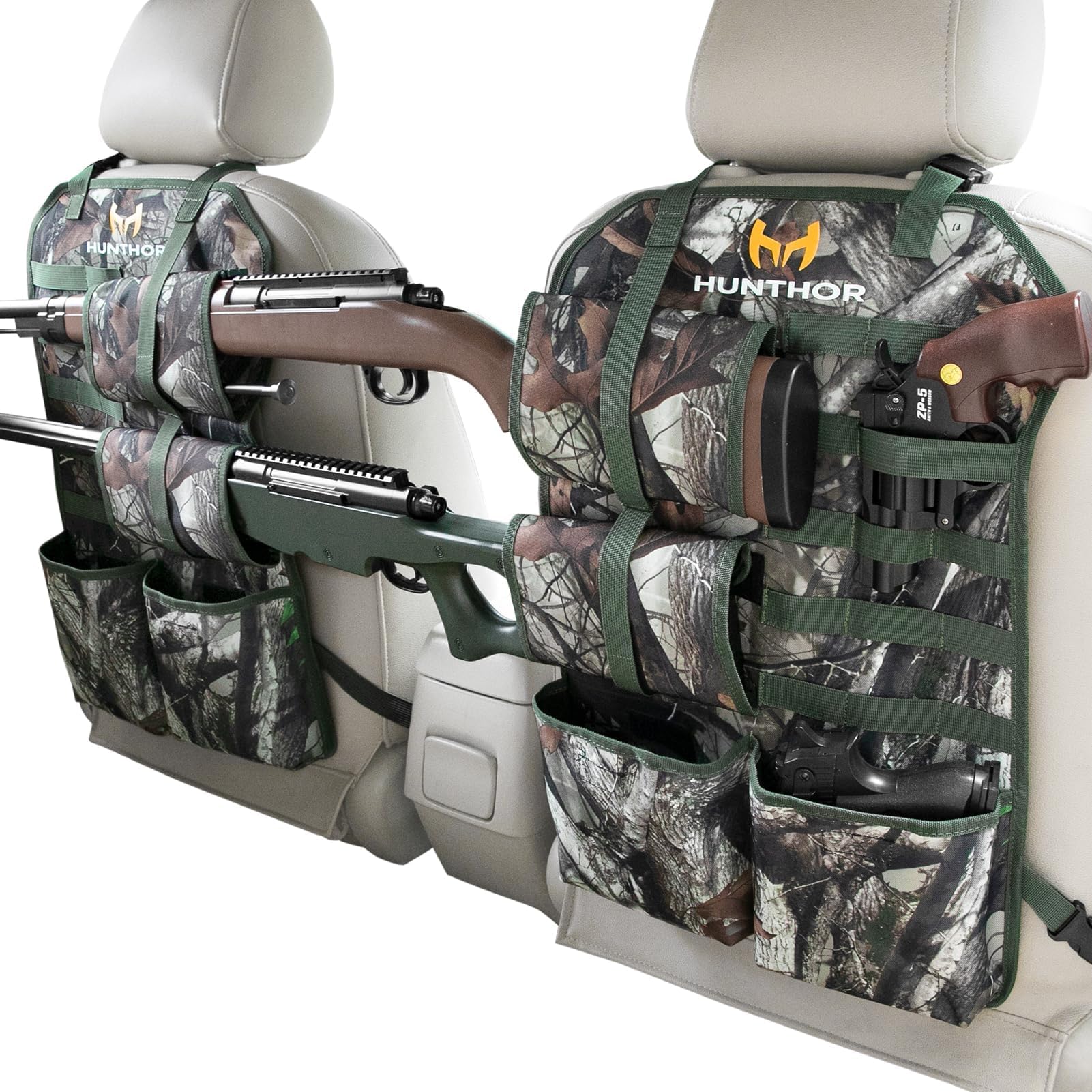 Photo 1 of Hunthor Truck Gun Rack (A Pair), 900D Adjustable Seat Back Gun Storage, Heavy Duty Automotive Rifle Holder Hunting Accessories for Jeep, Truck, SUV, Off-Road Vehicles(Camo-Large)