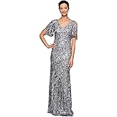 Alex Evenings Womens Long Mother of The Bride Sequin Dress with Cold Shoulder Flutter Sleeves (Petite and Regular Sizes)