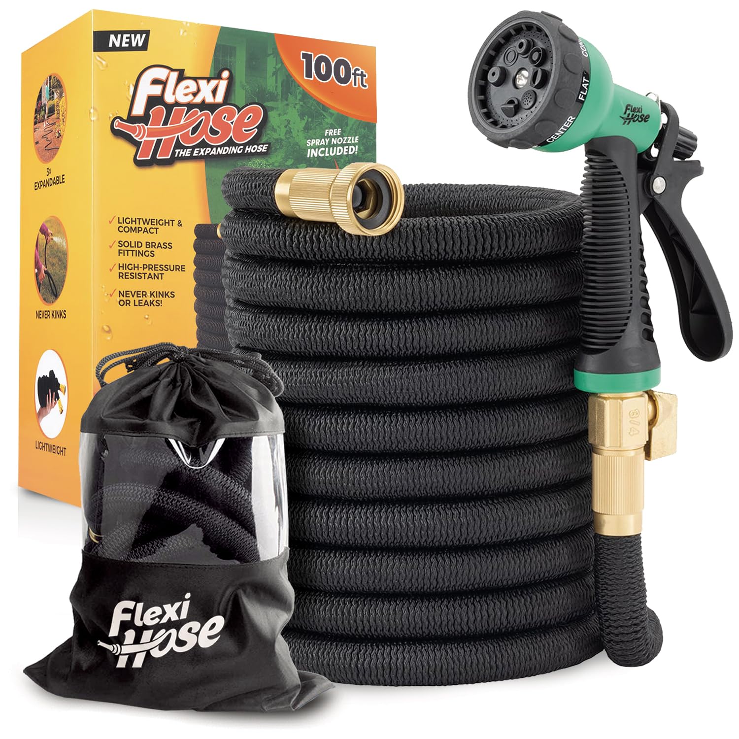 Photo 1 of Flexi Hose Plus Expandable Garden Hose with 8 Function Nozzle, 100FT - Lightweight Retractable Garden Hose, Water Hose - No-Kink Flexibility, 3/4 Inch Solid Brass Fittings Includes Hook & Bag