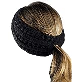 C.C Cable Knit Fuzzy Lined Ear Warmer Ponytail Pony Headband, Black