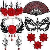 8 Pcs Halloween Flamenco Accessories Vampire Necklace Crown Headband Embroidered Sequin Fabric Folding Hand Fan 3 Flower Hair Clip Mask Lace Earrings for Women Costume Party