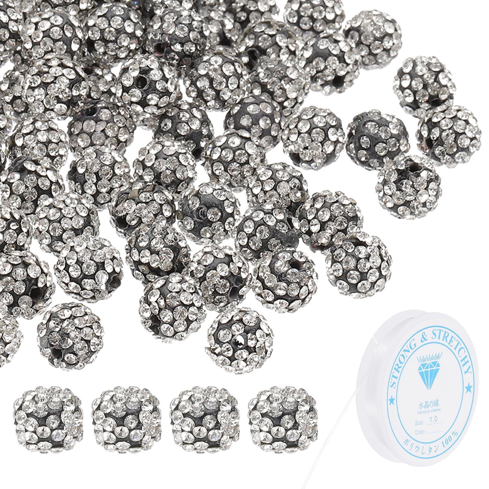 PATIKIL 10mm Rhinestone Clay Beads for Jewelry Making, 120 Pack Round Ball Polymer Clay Crystal Charm Beads with Elastic String for Craft Decor Necklace Chain Bracelets DIY, Light Grey