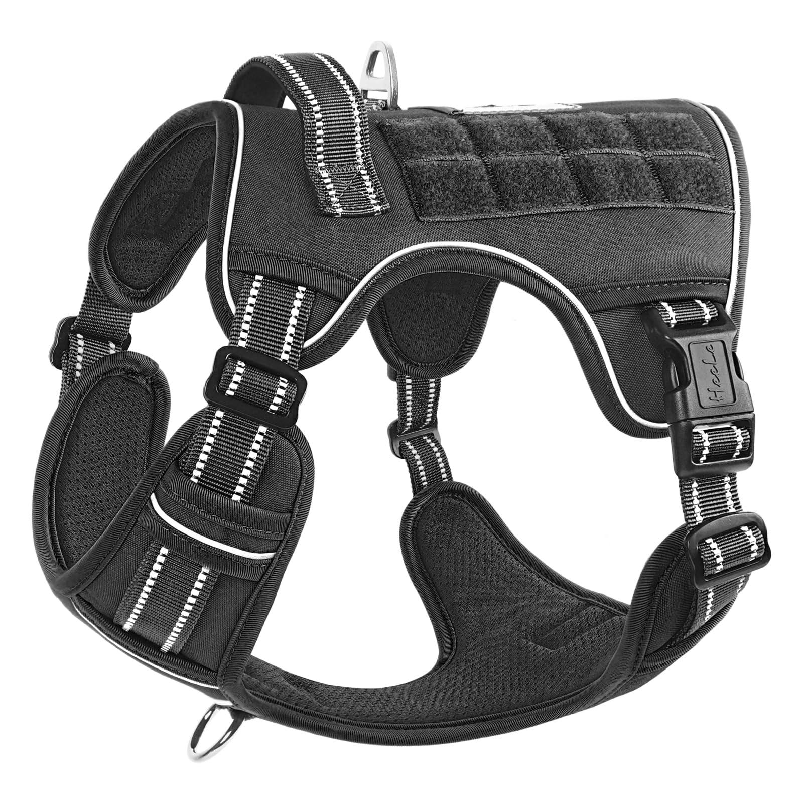 HEELE Dog Harness, Tactical Dog Harness with Molle Panel, Harness for Small Medium Large Dogs No Pull Adjustable Padded Reflective Harness with Handle for Walking Training, Black, S