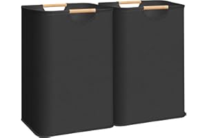 STORAGE MANIAC 2-Pack Large Laundry Hamper, 80L (21.1 Gal) Collapsible Laundry Basket with Bamboo Handles, Freestanding Waterproof Clothes Hamper for Laundry Room, Bedroom, Dorm, Towels, Toys, Black