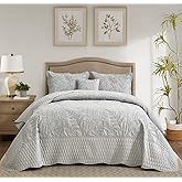 DaisyHuang Botanical Oversized Bedspread King Size - Leaves Pattern Stitching Quilt Set - Elegant & Fresh Style Bedding Coverlets, Reversible, Lightweight, 5 Piece, Grey
