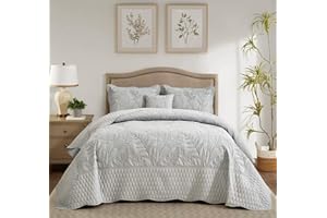 DaisyHuang Botanical Oversized Bedspread King Size - Leaves Pattern Stitching Quilt Set - Elegant & Fresh Style Bedding Coverlets, Reversible, Lightweight, 5 Piece, Grey