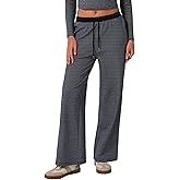 ABOCIW Women's Cotton Striped Wide Leg Pants Casual Drawstring Elastic Low Rise Loung Pants Pajama Trousers