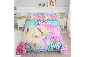 Datura home Bedding Comforter Set Rainbow Pink Mermaid Tail Printed Pattern Quilt with 1 and 2 Pillowcases for Girls Bedroom All Season(Rainbow Twin) Twin 68x86inches