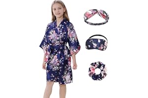 IVRRISS Kid Girls Silky Kimono Robes Party Set with Floral Patterns for Spa Brithday Wedding Short Robes