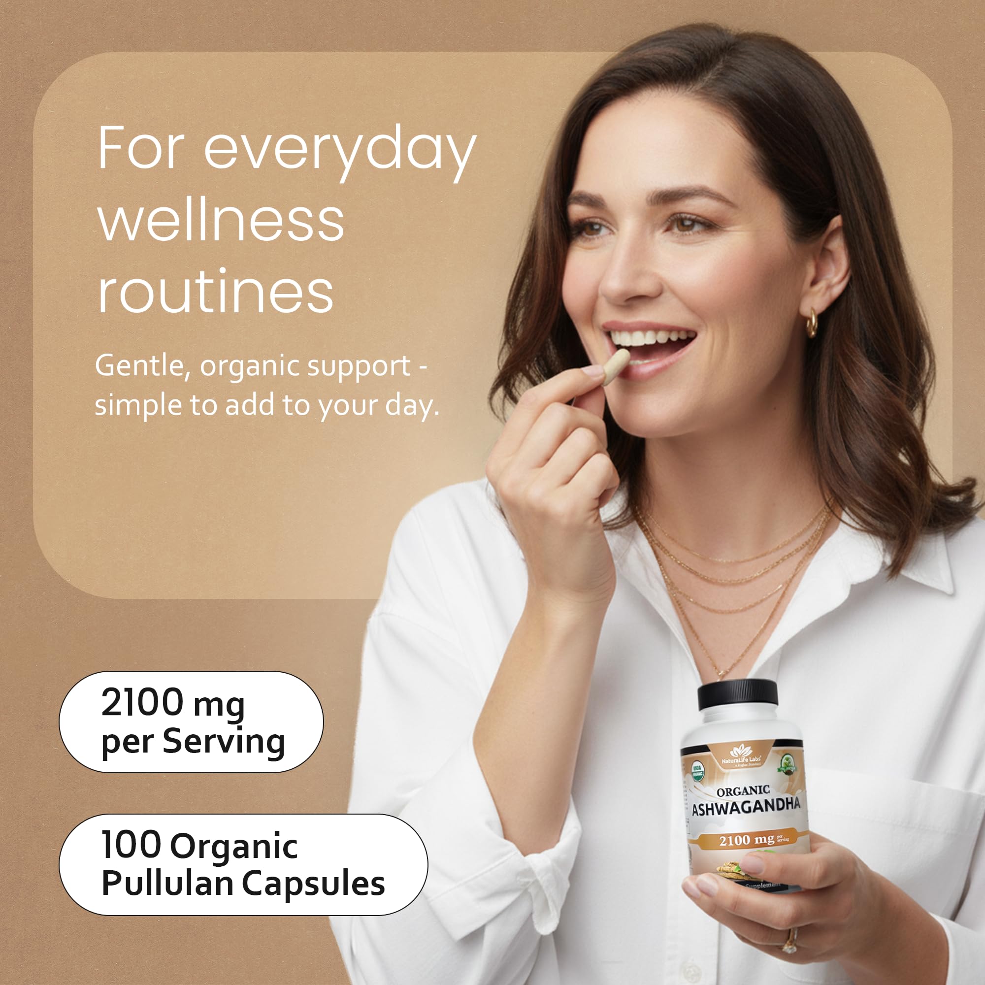 NaturaLife Labs Organic Ashwagandha 2100 mg per Serving – Root Powder & Extract – 100 Capsules – Vegan, Non-GMO, Gluten-Free