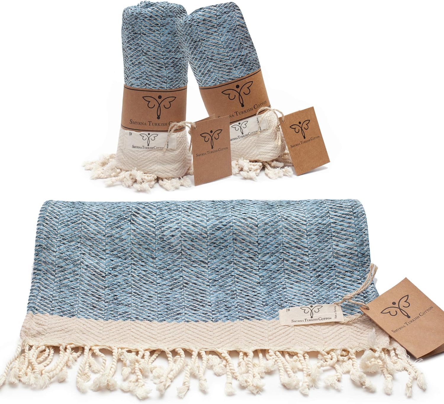 Smyrna Original Turkish Hand Towels Herringbone Series Set of 2 | 100% Cotton, 16 x 40 Inches | Decorative Bathroom Peshtemal Towel for Hand, Face, Hair, Gym, Yoga, Tea, Kitchen and Bath (Light Blue)