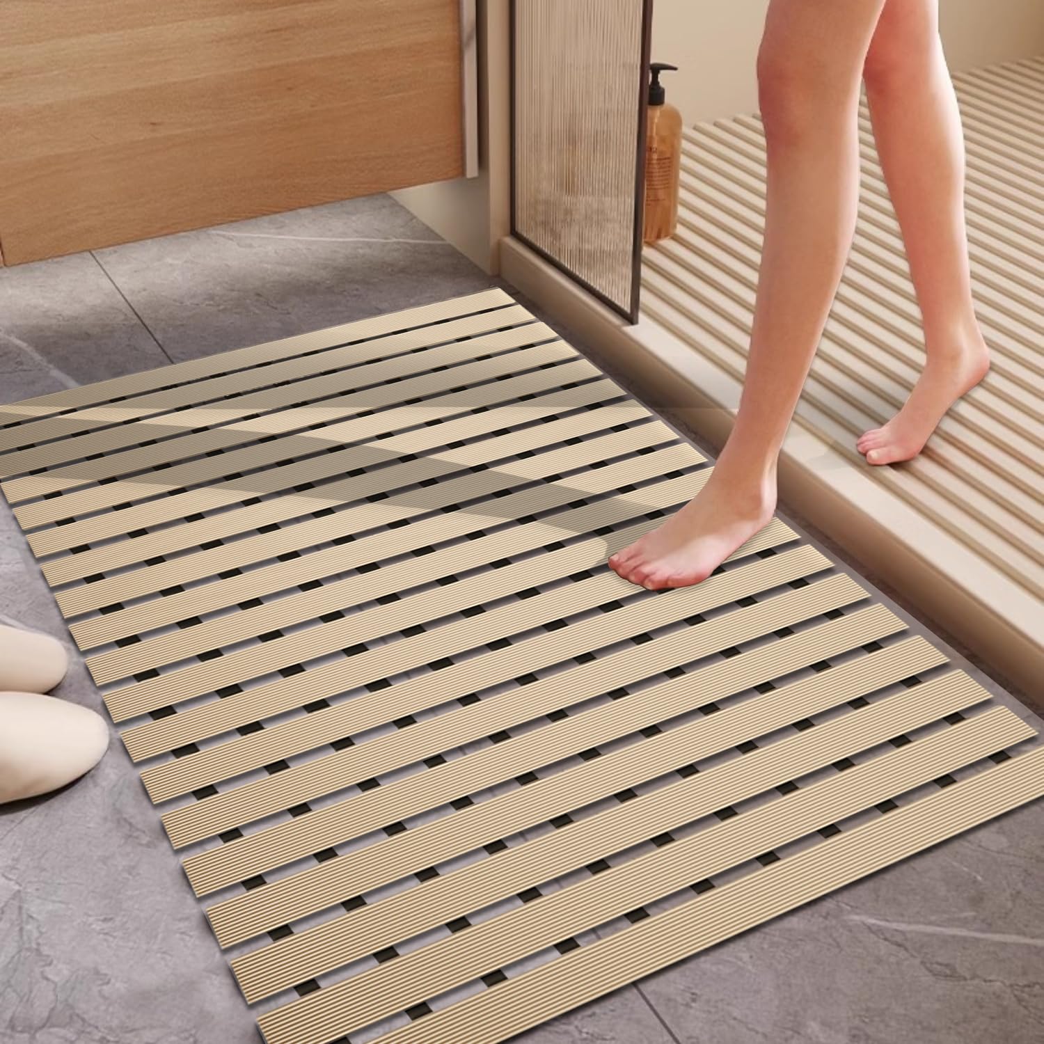 Photo 1 of Tiamo Non Slip Large Shower Mat(35.4"*23.6"),Non Suction Cups Shower Mats for Inside/Outside Shower, Heavy Duty Rubber Walk in Shower Mat for Elderly (Apricot)