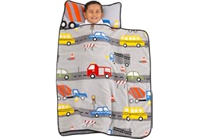 Everything Kids Grey, Red, Yellow and Blue Construction Toddler Nap Mat with Pillow and Blanket with Pillow and Blanket