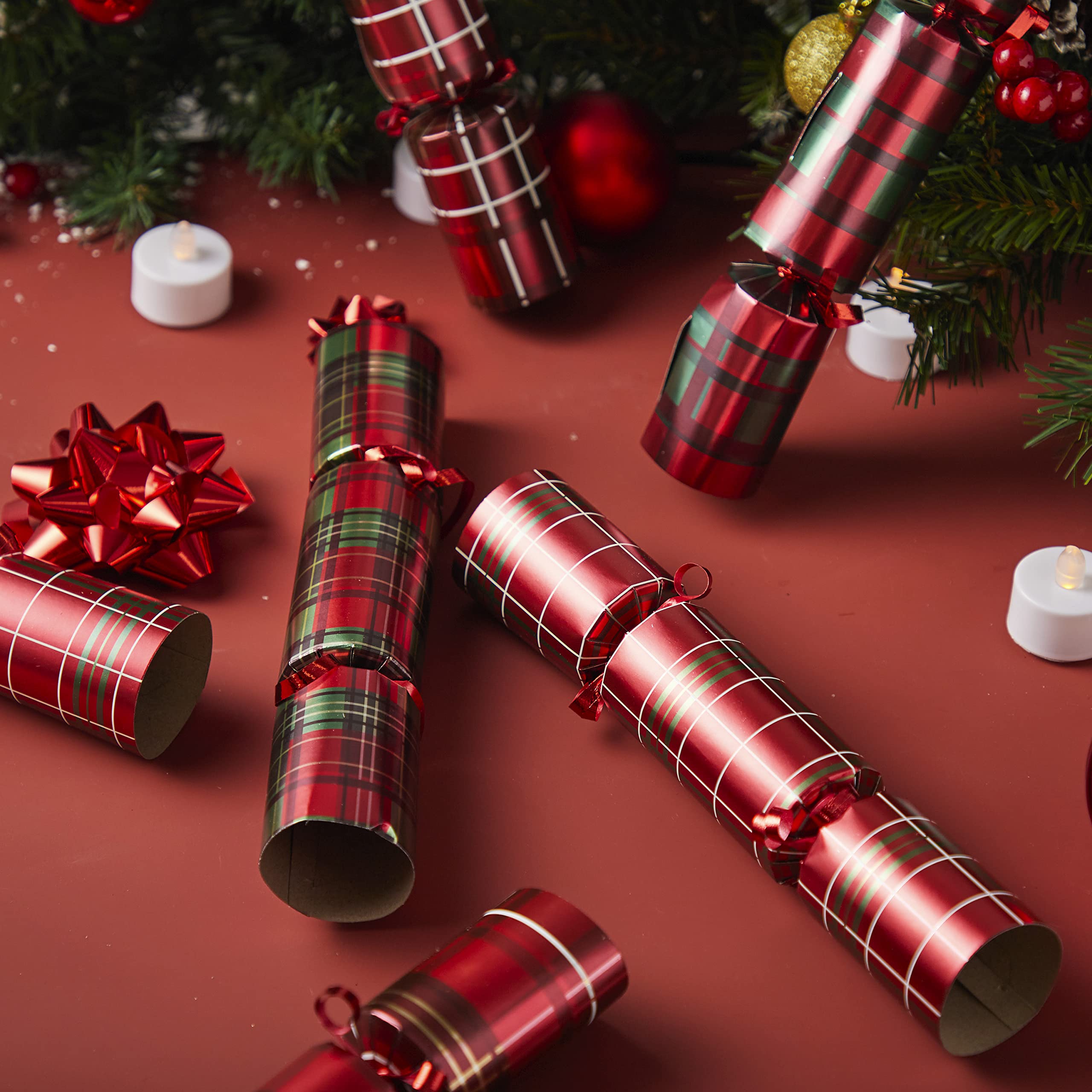 JOYIN 8 Pack Christmas Non-Snap Party Favor, Red Check Plaid Party Table Favor Includes Party Hat, Jokes & Gifts, Xmas Gifts Prizes for Christmas Holiday Dinner Traditions Supplies