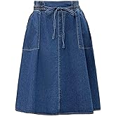CIMUK Womens Elastic Waist Denim Skirts Casual A-Line Flare Midi Jean Skirt with Pockets