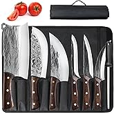 ZENG 7 Pieces Butcher Knife Set with Roll Bag, Chef Knife Set for Meat Cleaver Cutting & Viking Knives with Ergonomic Handles, Stainless Steel Hand Forged Kitchen Knife Set for Home, Cooking, Camping