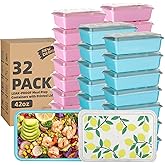 Moiturti 32 Pack 42 oz Meal Prep Containers, Reusable Plastic Food Prep Storage Containers with Printed Lids, Stackable, Leakproof, Microwave & Freezer & Dishwasher Safe,To Go Take Out Box, Lemon