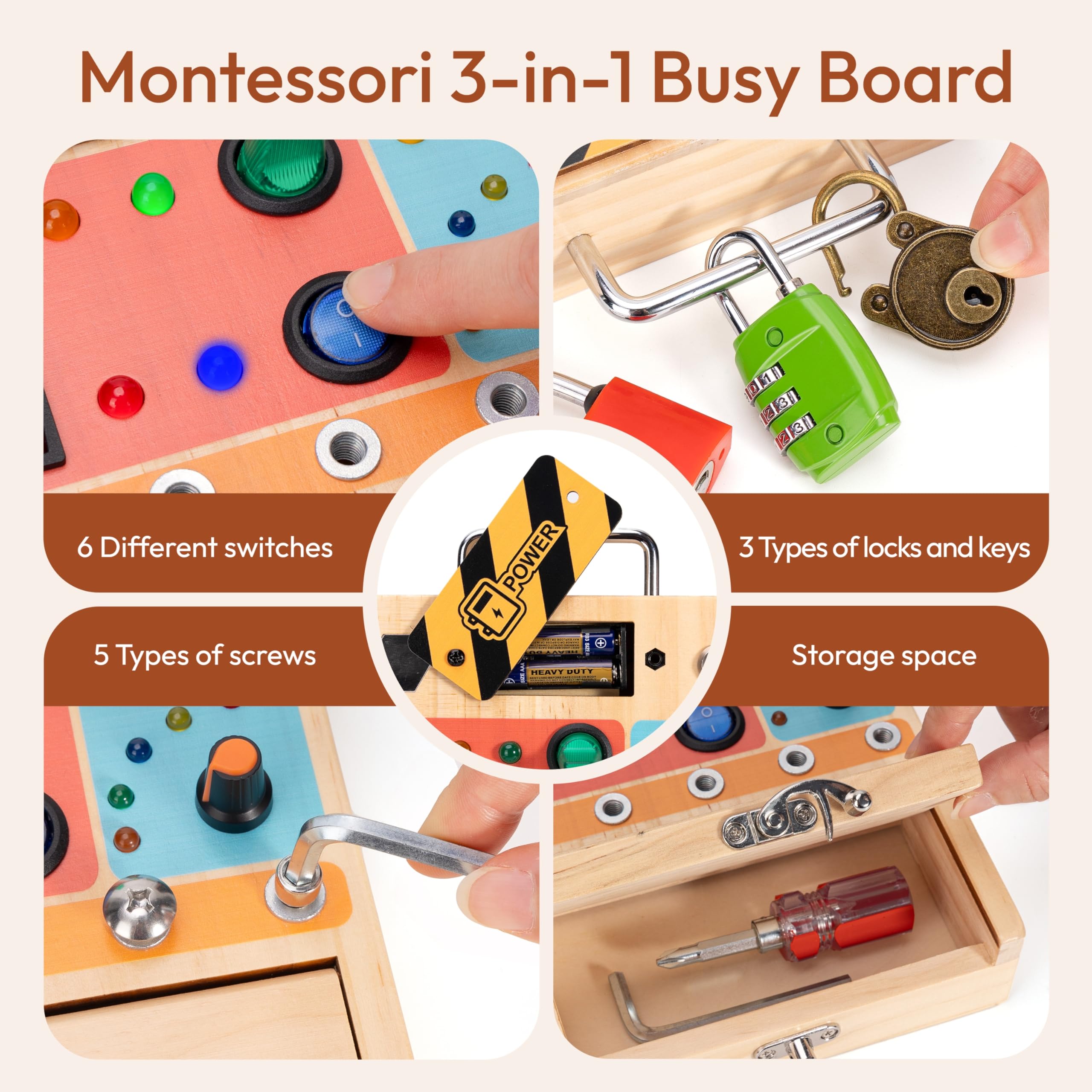 Woodtoe Montessori Toys for Toddler 3 4 5 Year Old, 3-in-1 Busy Board with LED Light Switch, Screwdriver Board Set, Lock and Key Toy, Educational Sensory Toys, Fine Motor Skill Christmas Toys for Kids