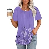 OFEEFAN Womens T Shirts Short Sleeve Pleated Dressy Casual Scooped Neck Summer Tops Blouses