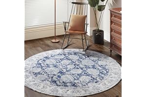 jinchan Round Rug 6ft Area Rug Dark Blue Vintage Floor Mat Kitchen Indoor Thin Floral Washable Circle 6' Print Retro Accent for Farmhouse Non Slip Dining Room Living Room Bedroom