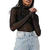 KMBANGI Women's Mesh Lace Long Sleeve Top Mock Neck Sheer Blouse Floral Lace Layering Tops Y2k See Through Tee Shirt
