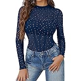 Avidlove Women Mesh Bodysuit Lingerie Mock Neck Long Sleeve Sheer Rhinestone Going Out Top